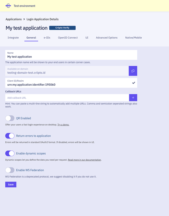 My test application dashboard